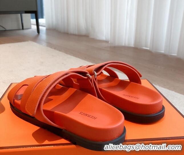 Purchase Hermes Chypre Flat Sandals in Palm-Grained Calfskin Orange 425170