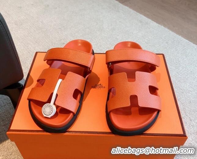 Purchase Hermes Chypre Flat Sandals in Palm-Grained Calfskin Orange 425170