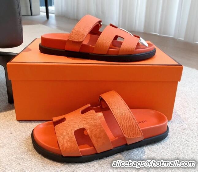 Purchase Hermes Chypre Flat Sandals in Palm-Grained Calfskin Orange 425170