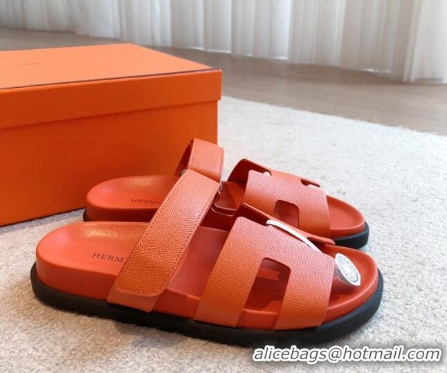 Purchase Hermes Chypre Flat Sandals in Palm-Grained Calfskin Orange 425170