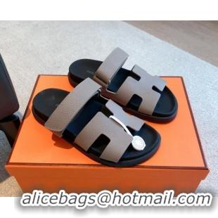 Top Design Hermes Chypre Flat Sandals in Palm-Grained Calfskin Grey 425171