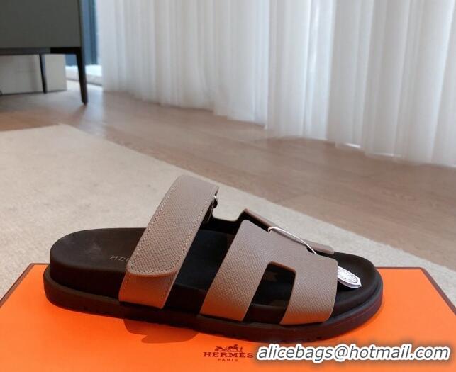 Top Design Hermes Chypre Flat Sandals in Palm-Grained Calfskin Grey 425171