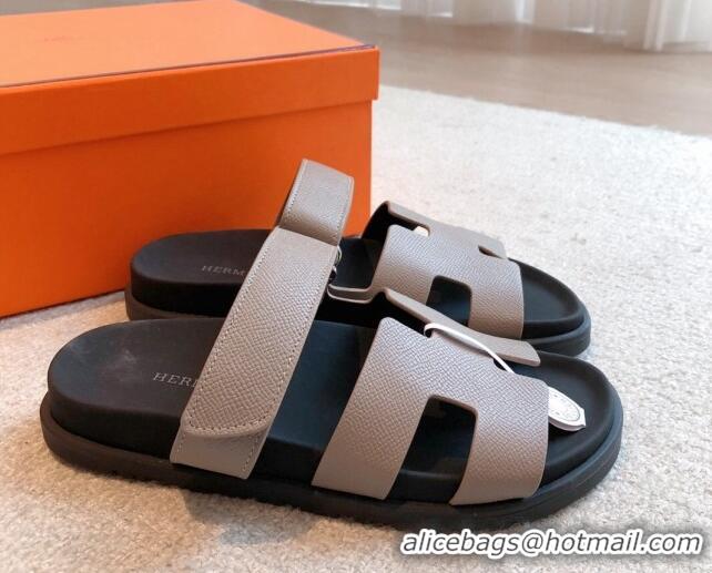 Top Design Hermes Chypre Flat Sandals in Palm-Grained Calfskin Grey 425171