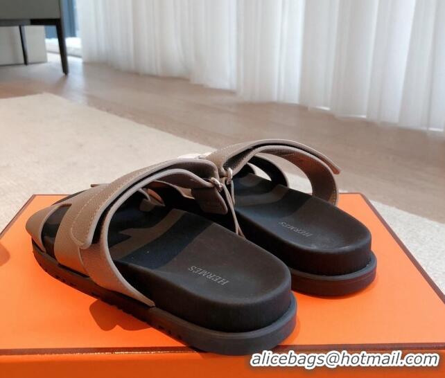 Top Design Hermes Chypre Flat Sandals in Palm-Grained Calfskin Grey 425171