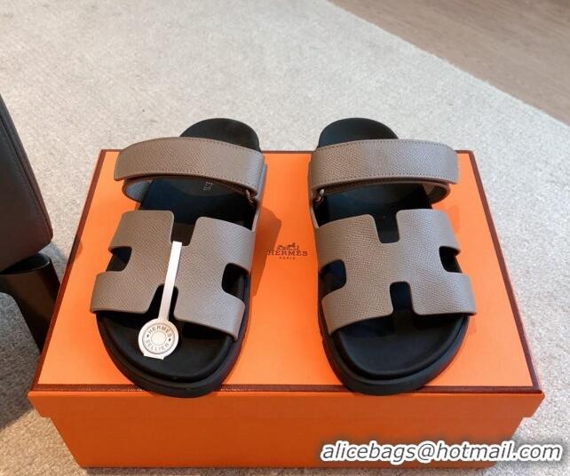 Top Design Hermes Chypre Flat Sandals in Palm-Grained Calfskin Grey 425171