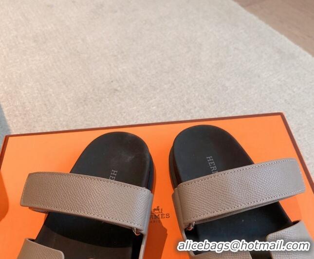 Top Design Hermes Chypre Flat Sandals in Palm-Grained Calfskin Grey 425171