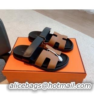 Pretty Style Hermes Chypre Flat Sandals in Smooth Calfskin Brown/Black 425172