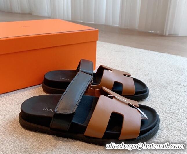 Pretty Style Hermes Chypre Flat Sandals in Smooth Calfskin Brown/Black 425172