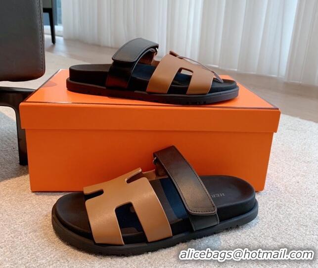 Pretty Style Hermes Chypre Flat Sandals in Smooth Calfskin Brown/Black 425172