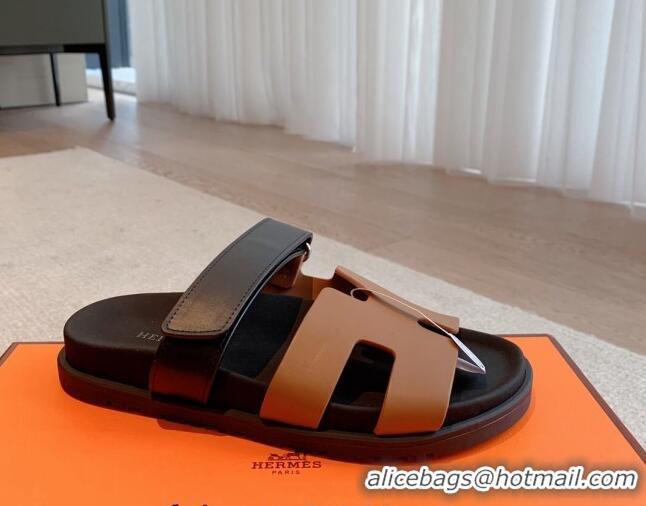 Pretty Style Hermes Chypre Flat Sandals in Smooth Calfskin Brown/Black 425172