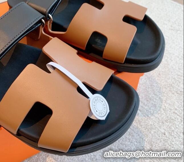 Pretty Style Hermes Chypre Flat Sandals in Smooth Calfskin Brown/Black 425172