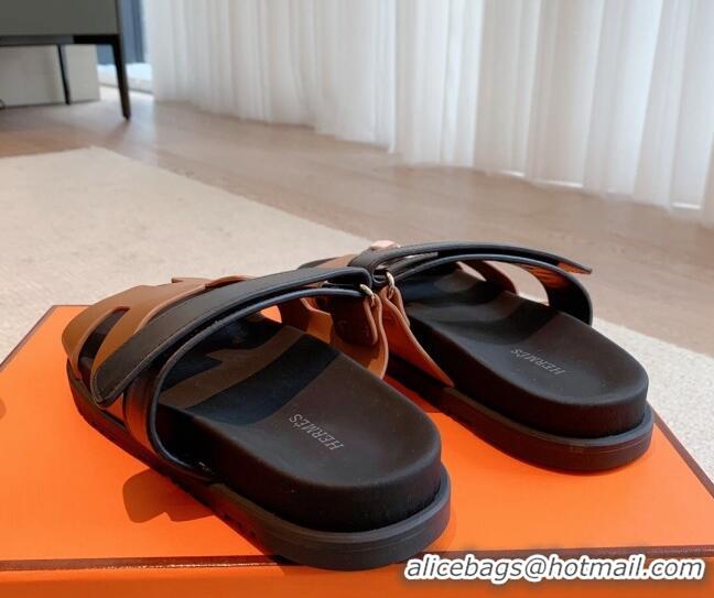 Pretty Style Hermes Chypre Flat Sandals in Smooth Calfskin Brown/Black 425172