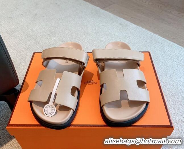 Charming Hermes Chypre Flat Sandals in Smooth Calfskin Nude 425173