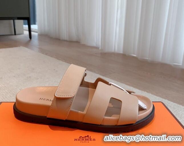 Charming Hermes Chypre Flat Sandals in Smooth Calfskin Nude 425173