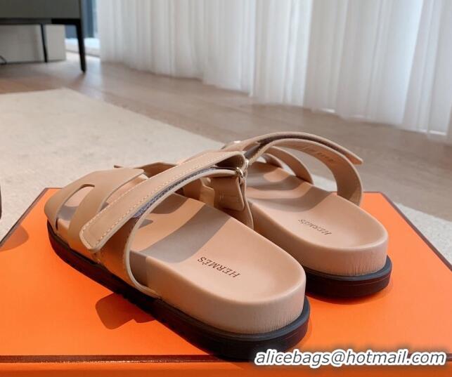 Charming Hermes Chypre Flat Sandals in Smooth Calfskin Nude 425173