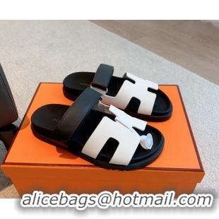 Pretty Style Hermes Chypre Flat Sandals in Smooth Calfskin White2/Black 425174