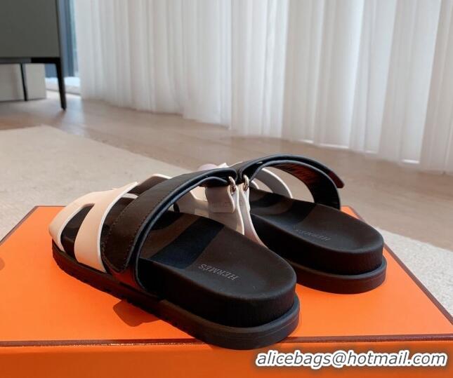 Pretty Style Hermes Chypre Flat Sandals in Smooth Calfskin White2/Black 425174