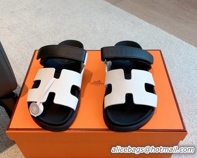 Pretty Style Hermes Chypre Flat Sandals in Smooth Calfskin White2/Black 425174