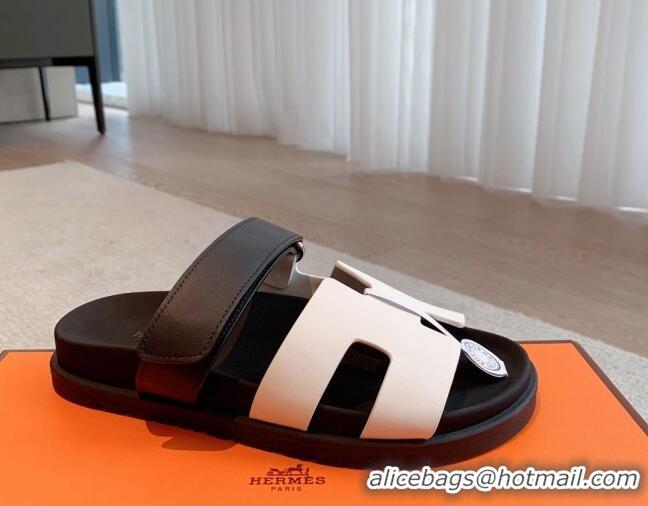 Pretty Style Hermes Chypre Flat Sandals in Smooth Calfskin White2/Black 425174