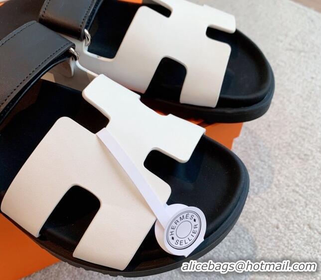 Pretty Style Hermes Chypre Flat Sandals in Smooth Calfskin White2/Black 425174