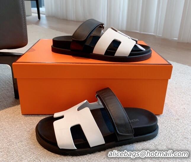 Pretty Style Hermes Chypre Flat Sandals in Smooth Calfskin White2/Black 425174