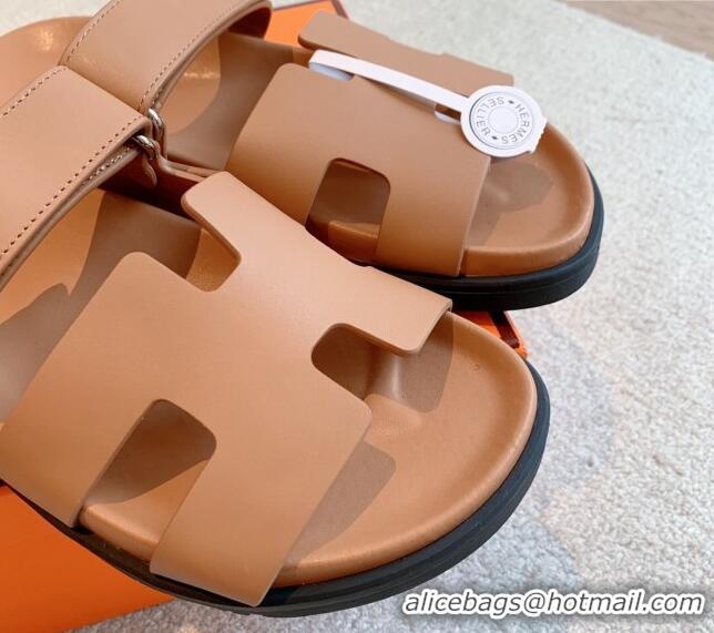 Stylish Hermes Chypre Flat Sandals in Smooth Calfskin Brown/Silver 425175