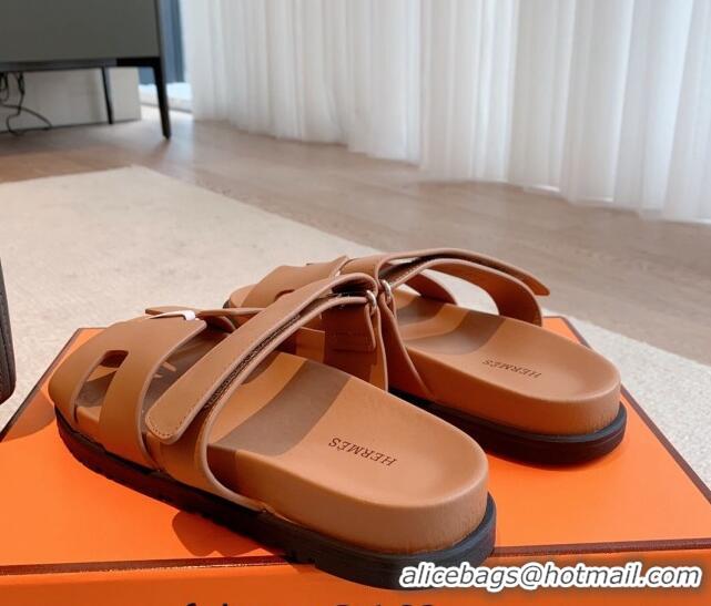 Stylish Hermes Chypre Flat Sandals in Smooth Calfskin Brown/Silver 425175