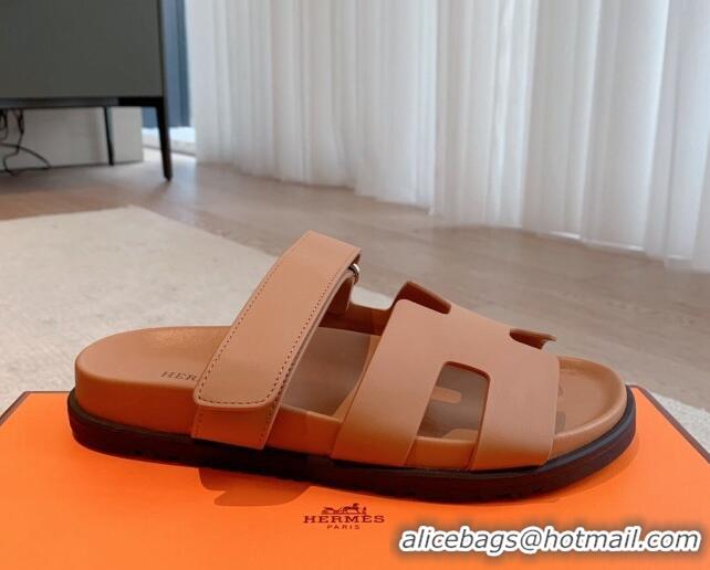 Stylish Hermes Chypre Flat Sandals in Smooth Calfskin Brown/Silver 425175