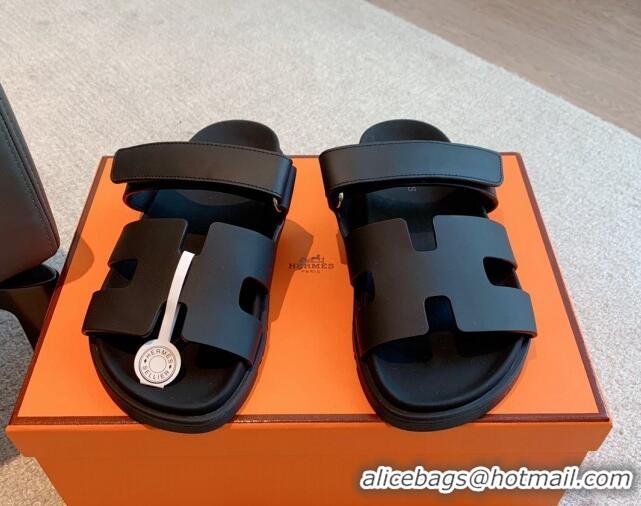 Top Grade Hermes Chypre Flat Sandals in Smooth Calfskin Black/Silver 425176