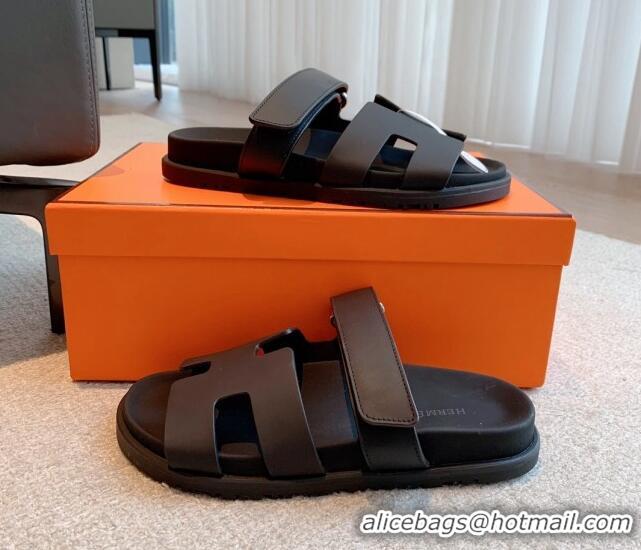 Top Grade Hermes Chypre Flat Sandals in Smooth Calfskin Black/Silver 425176