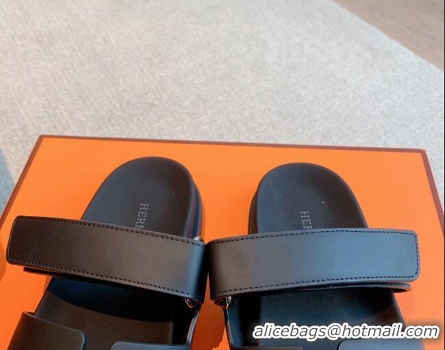 Top Grade Hermes Chypre Flat Sandals in Smooth Calfskin Black/Silver 425176