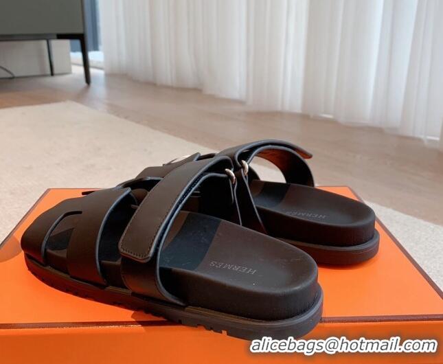 Top Grade Hermes Chypre Flat Sandals in Smooth Calfskin Black/Silver 425176