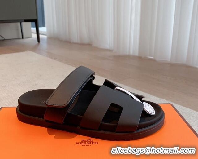 Top Grade Hermes Chypre Flat Sandals in Smooth Calfskin Black/Silver 425176