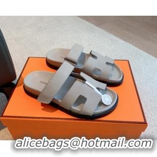 Hot Style Hermes Chypre Flat Sandals in Smooth Calfskin Grey 425177