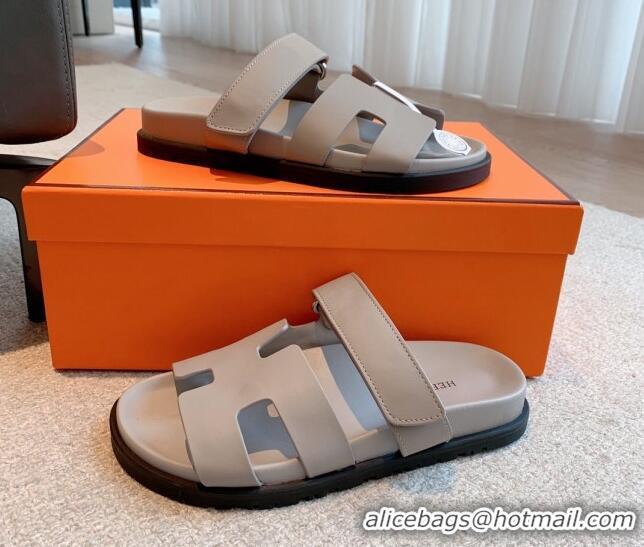 Hot Style Hermes Chypre Flat Sandals in Smooth Calfskin Grey 425177