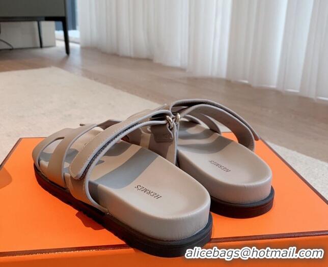 Hot Style Hermes Chypre Flat Sandals in Smooth Calfskin Grey 425177