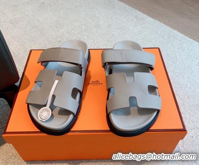 Hot Style Hermes Chypre Flat Sandals in Smooth Calfskin Grey 425177