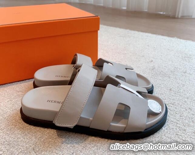 Hot Style Hermes Chypre Flat Sandals in Smooth Calfskin Grey 425177