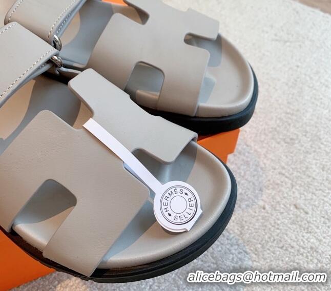 Hot Style Hermes Chypre Flat Sandals in Smooth Calfskin Grey 425177