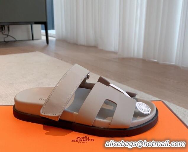 Hot Style Hermes Chypre Flat Sandals in Smooth Calfskin Grey 425177