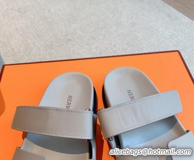 Hot Style Hermes Chypre Flat Sandals in Smooth Calfskin Grey 425177