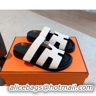 Unique Style Hermes Chypre Flat Sandals in Smooth Calfskin White/Black 425178