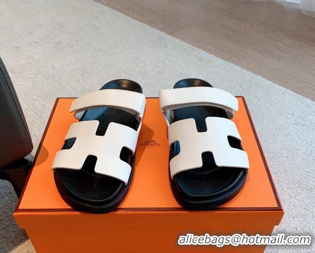 Unique Style Hermes Chypre Flat Sandals in Smooth Calfskin White/Black 425178