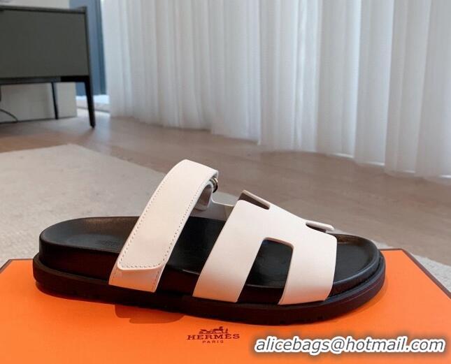 Unique Style Hermes Chypre Flat Sandals in Smooth Calfskin White/Black 425178