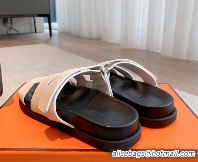 Unique Style Hermes Chypre Flat Sandals in Smooth Calfskin White/Black 425178