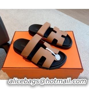 Good Quality Hermes Chypre Flat Sandals in Smooth Calfskin Brown/Black 425179