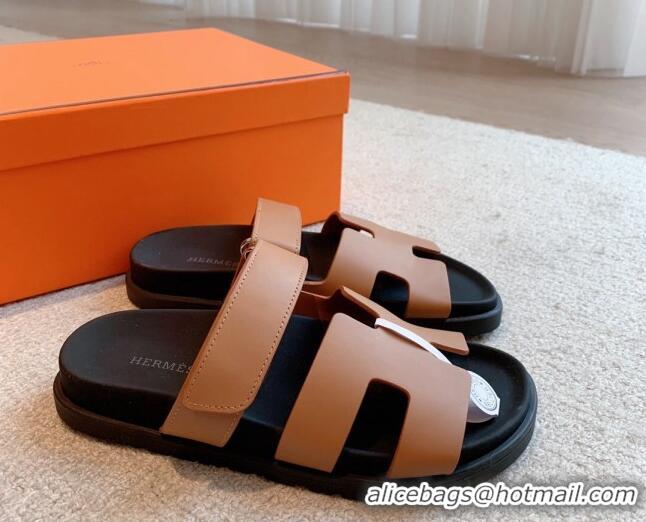 Good Quality Hermes Chypre Flat Sandals in Smooth Calfskin Brown/Black 425179