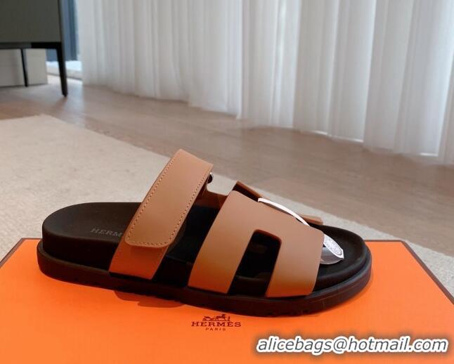 Good Quality Hermes Chypre Flat Sandals in Smooth Calfskin Brown/Black 425179