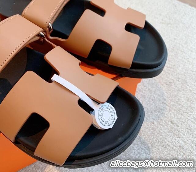 Good Quality Hermes Chypre Flat Sandals in Smooth Calfskin Brown/Black 425179