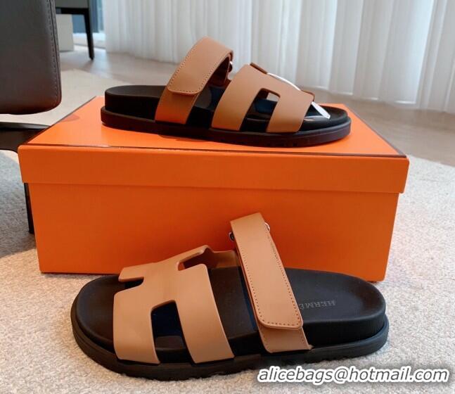 Good Quality Hermes Chypre Flat Sandals in Smooth Calfskin Brown/Black 425179